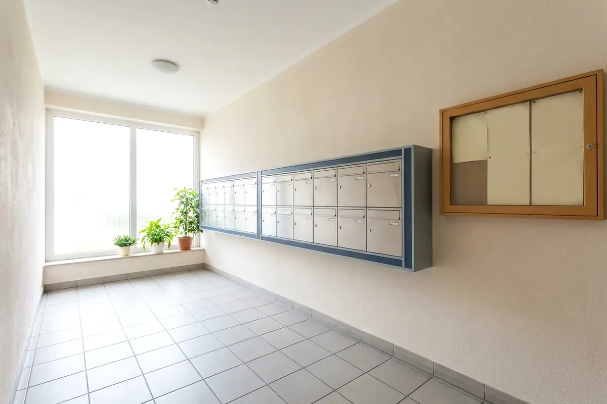 Treppenhaus mit Briefkästen in einem Haus mit Eigentumswohnungen, für die ein Energieausweis Wohnung gilt.