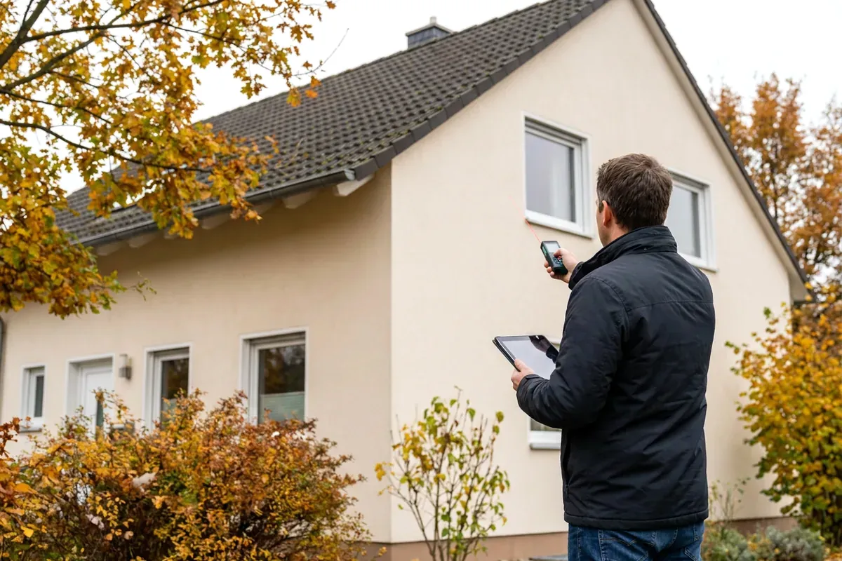 Energieberater nimmt die Fassade eines Einfamilienhauses auf, um den Energieausweis zu erstellen.