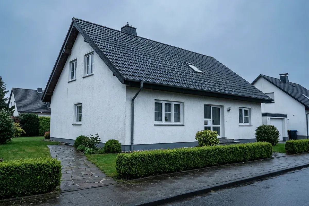 Freistehendes Einfamilienhaus mit hellem Putz und dunklem Dach, für das die Energieausweis Kosten anfallen.