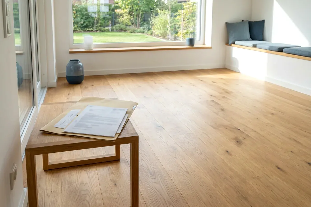 Besichtigung im Wohnzimmer eines Einfamilienhauses, bei der Verkäufer den Energieausweis zum Hausverkauf zeigen