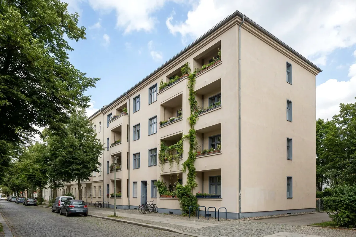 Fassade eines Mehrfamilienhauses mit Balkonen, für das ein Energieausweis für alle Wohnungen gilt.