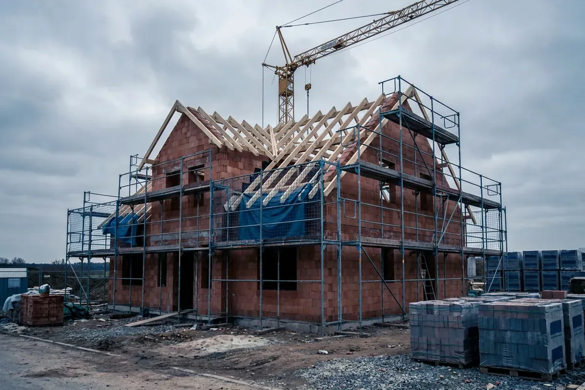Rohbau eines Einfamilienhauses, für den nach Fertigstellung der Energieausweis Neubau ausgestellt wird