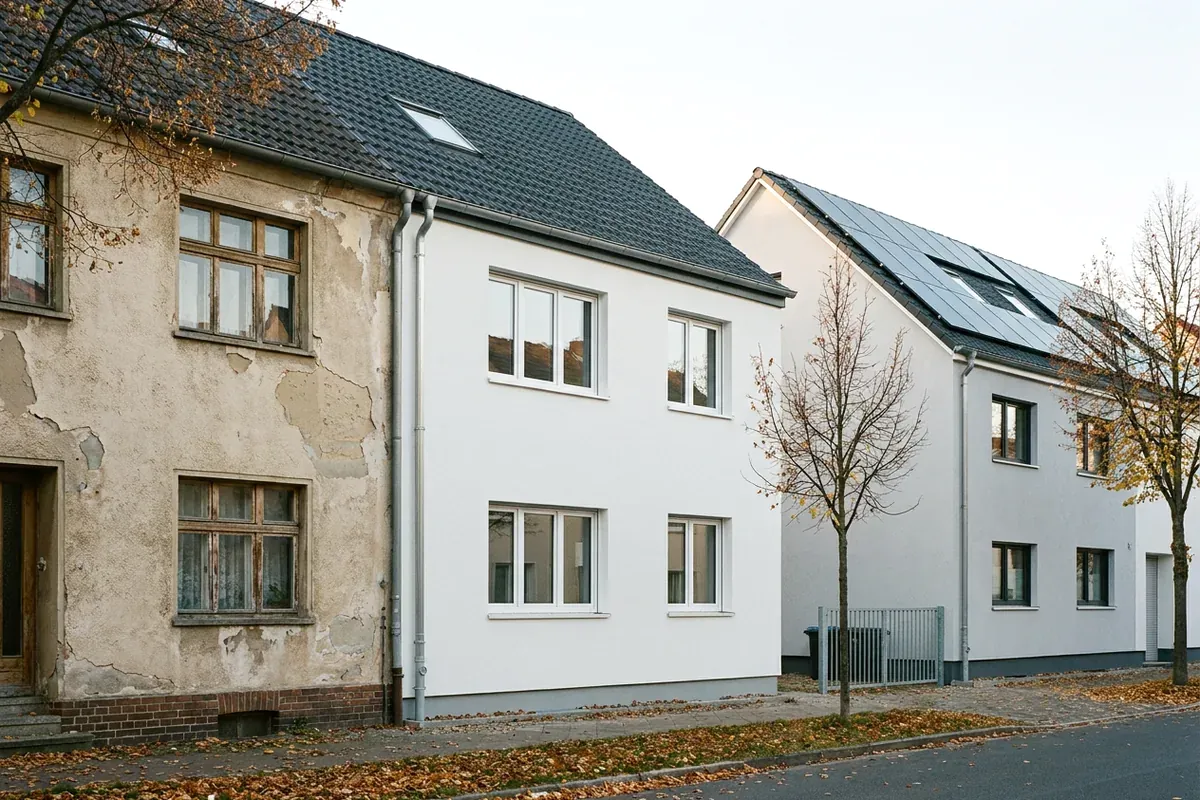 Drei Reihenhäuser mit unterschiedlicher Dämmung und damit unterschiedlichen Energieausweis Klassen