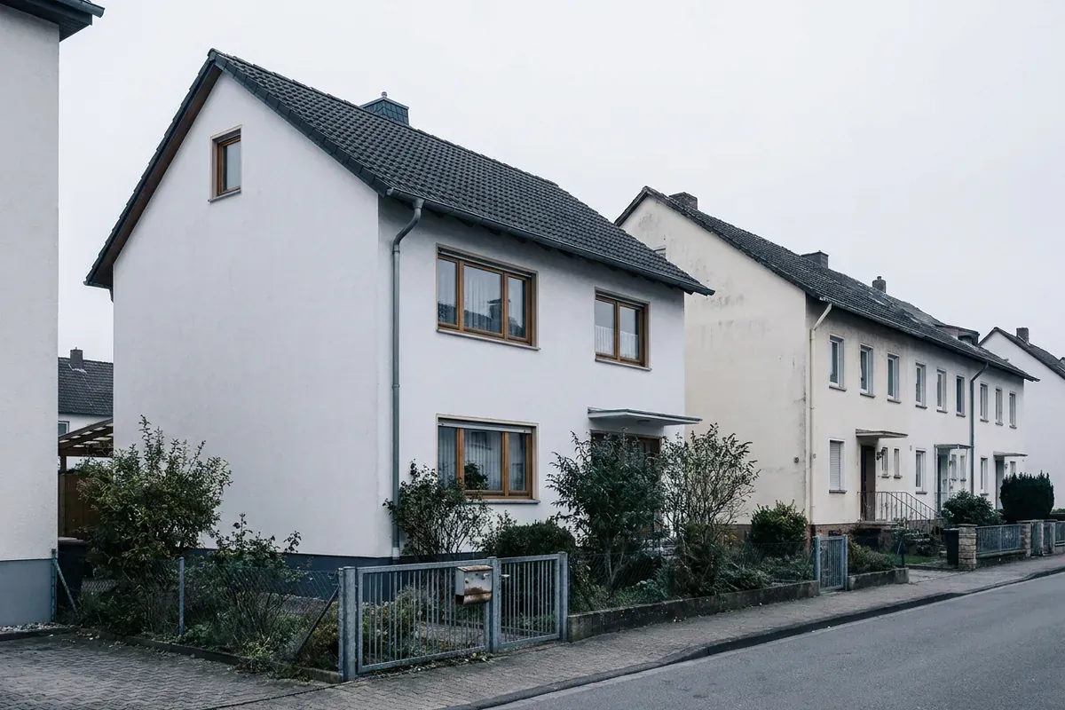 Weiß verputztes Einfamilienhaus neben Reihenhäusern, für die Eigentümer Energieausweis Anbieter vergleichen