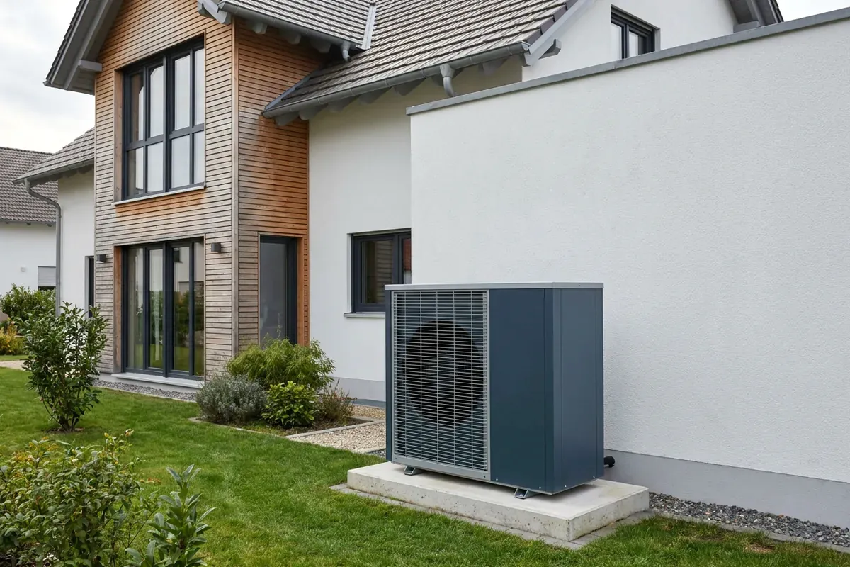 Wärmepumpe neben einem Einfamilienhaus, sie verbessert die Energieeffizienzklasse vom Haus.